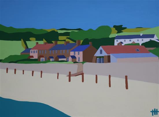 Tom Holland, acrylic on canvas, Coastal village, monogrammed, 30 x 41cm, unframed